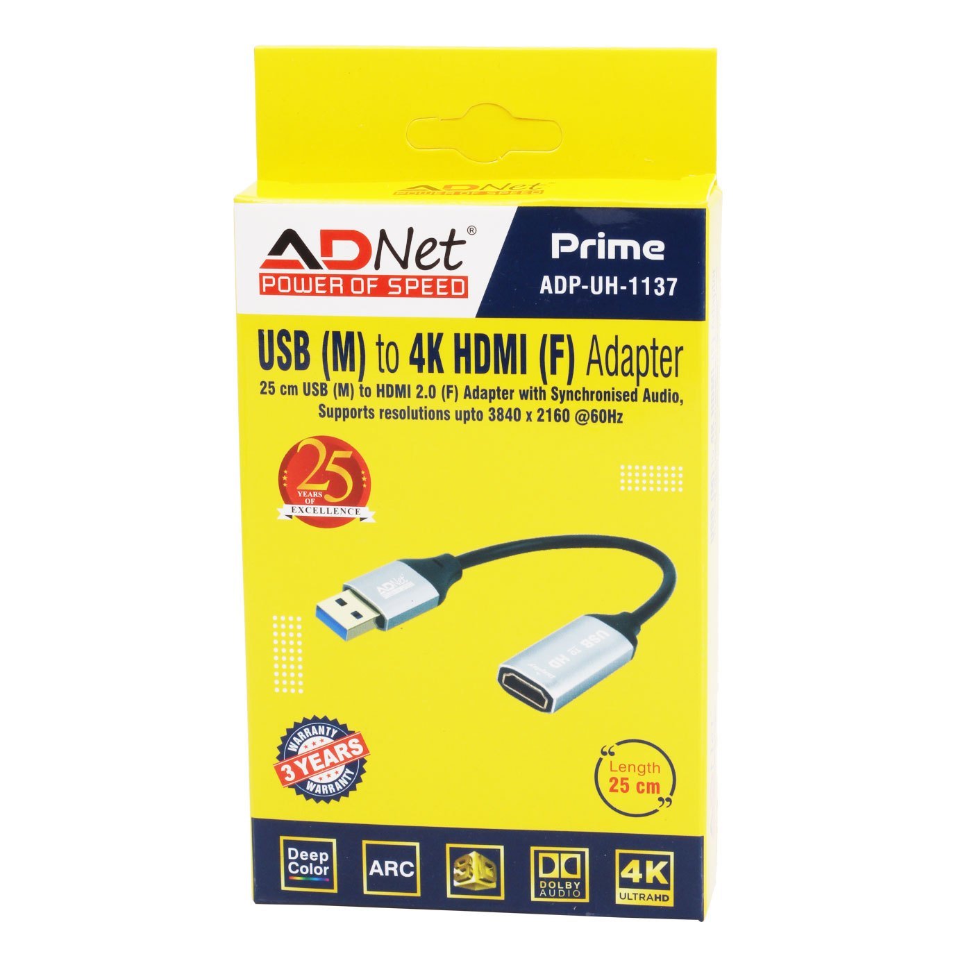 ADNet Prime ADP-UH-1137 USB Male to 4K HDMI Female Adapter (25cm) - Supports Resolutions up to 3840 x 2160 @ 60Hz, Synchronised Audio, 3 Years Warranty (Black)