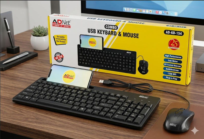 ADNet AD-KB-154 Wired USB Keyboard & Mouse Combo | In-built Mobile Holder | 1 Year Warranty