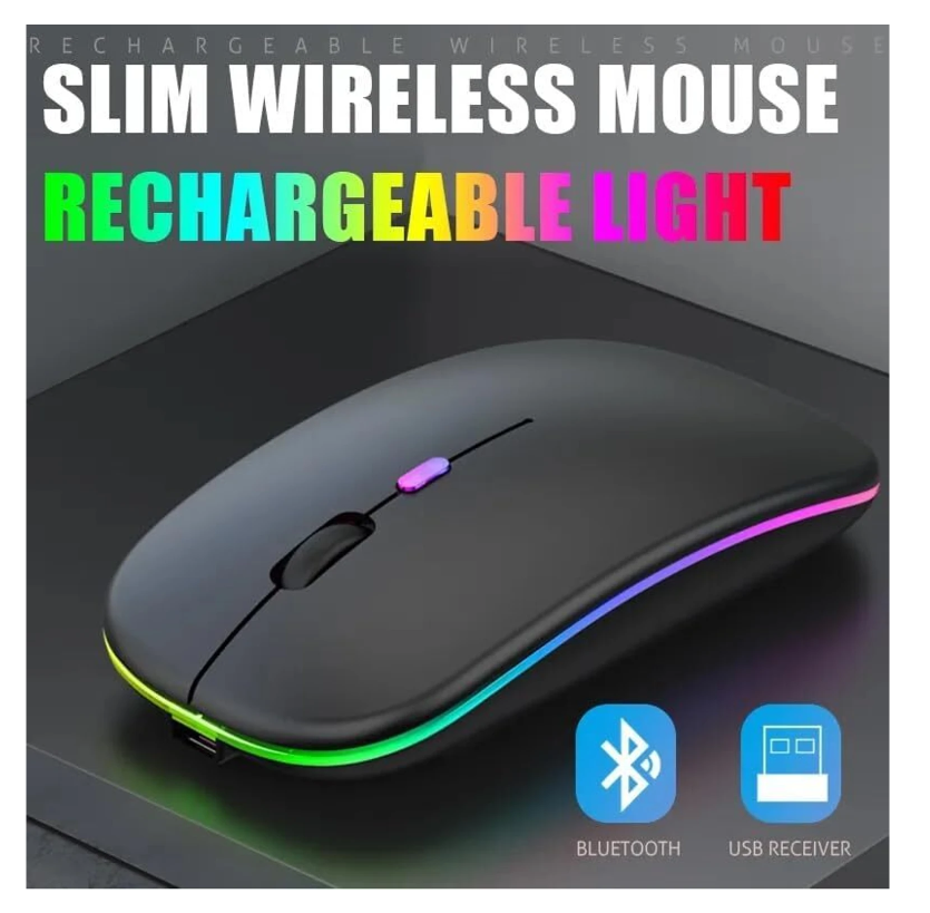 ADNet AD-WB-147 Wireless-Bluetooth Dual-Mode RGB Mouse: Rechargeable, Silent Clicks, Lightweight 63g | Bluetooth 5.1 + 2.4GHz | For Windows, Android TV, Linux, DVR | Black