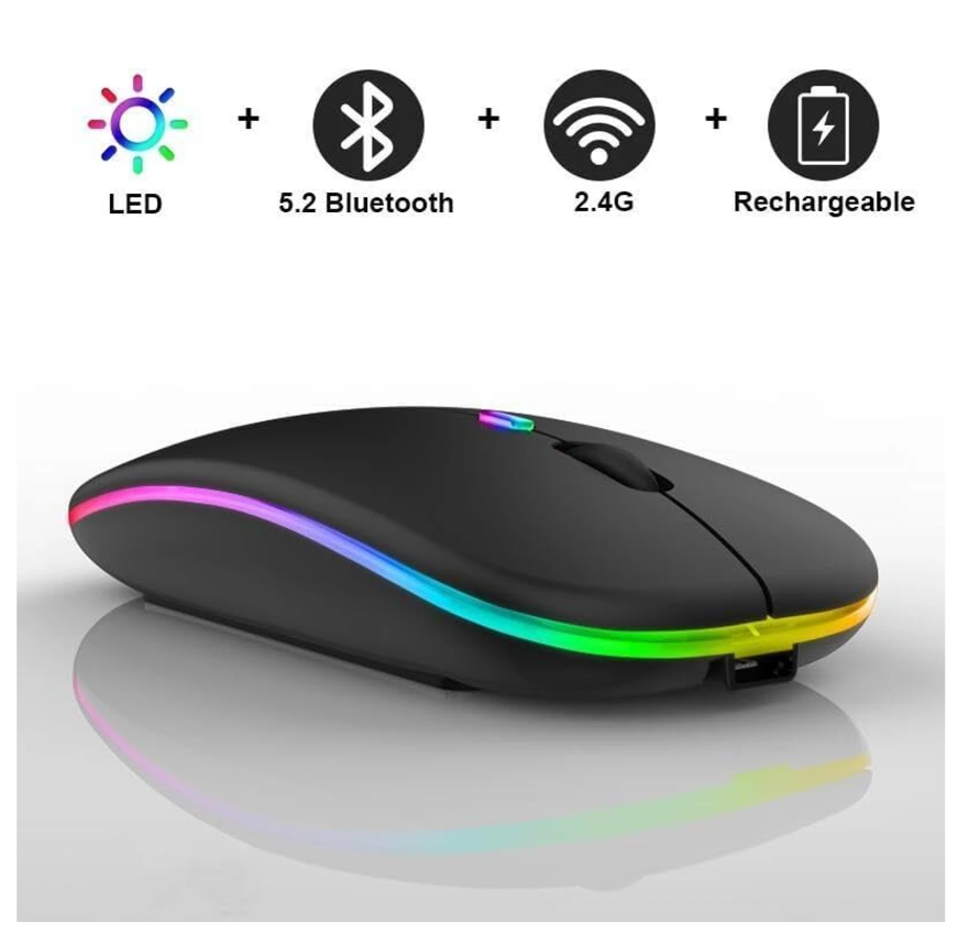ADNet AD-WB-147 Wireless-Bluetooth Dual-Mode RGB Mouse: Rechargeable, Silent Clicks, Lightweight 63g | Bluetooth 5.1 + 2.4GHz | For Windows, Android TV, Linux, DVR | Black