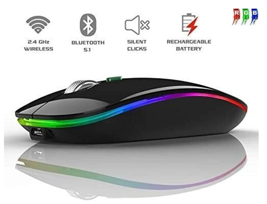 ADNet AD-WB-147 Wireless-Bluetooth Dual-Mode RGB Mouse: Rechargeable, Silent Clicks, Lightweight 63g | Bluetooth 5.1 + 2.4GHz | For Windows, Android TV, Linux, DVR | Black