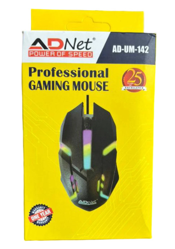ADNet AD-UM-142 Ergonomic Wired Gaming Mouse – High-Precision 10000 DPI Sensor, 3 Buttons, Smooth Scrolling, RGB Breathing Lights, Black (Right-Handed, USB 2.0, Compatible with All OS)