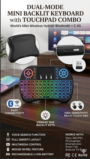 Dual Mode Mini Wireless Keyboard with Touchpad (Bluetooth + 2.4G) | RGB Backlit Handheld Remote Control Keyboard | For Smart TV, Android TV Box, PC, Laptop & Gaming Consoles