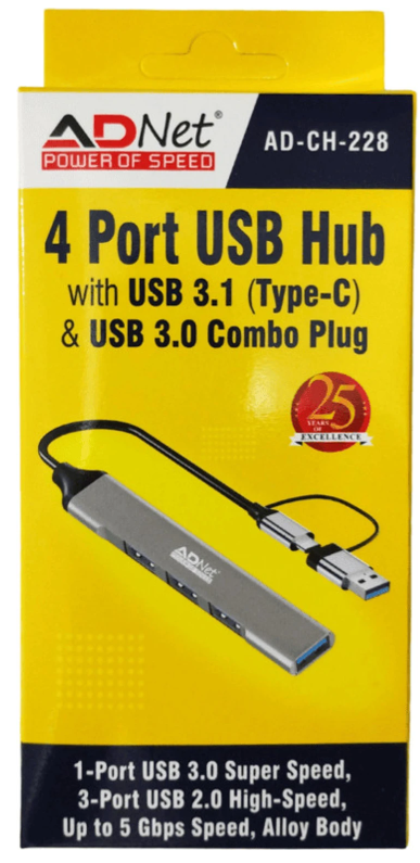 Ad Net AD-CH-228 4 Port USB Hub with USB 3.1 Type-C & USB 3.0 Combo Plug Alloy Body