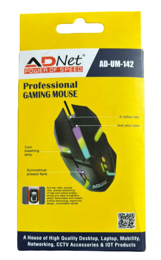 ADNet AD-UM-142 Ergonomic Wired Gaming Mouse – High-Precision 10000 DPI Sensor, 3 Buttons, Smooth Scrolling, RGB Breathing Lights, Black (Right-Handed, USB 2.0, Compatible with All OS)