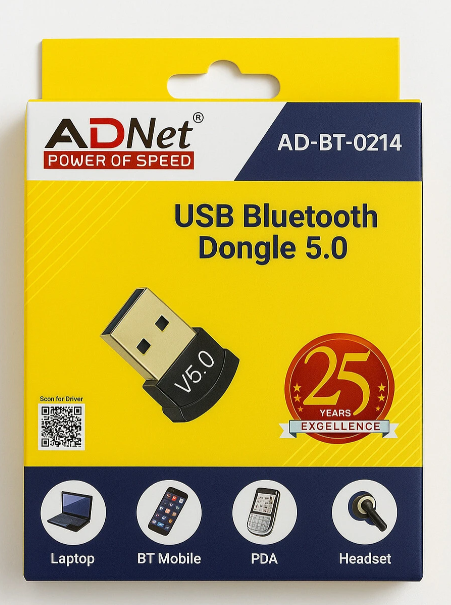 ADNet AD-BT-0214 Mini USB Bluetooth 5.0 Dongle Adapter for PC & Laptop | Fast & Stable Connection, Low Latency, Connect Headphones, Speakers, Keyboard, Mouse