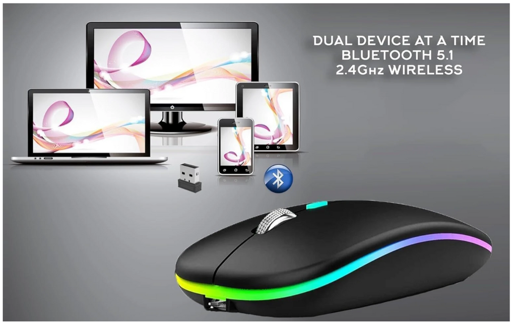 ADNet AD-WB-147 Wireless-Bluetooth Dual-Mode RGB Mouse: Rechargeable, Silent Clicks, Lightweight 63g | Bluetooth 5.1 + 2.4GHz | For Windows, Android TV, Linux, DVR | Black