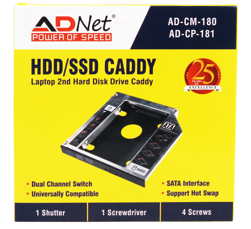 ADNET Universal Optical Bay 2nd Hard Drive Caddy | Replace CD/DVD Drive Slot | Add Extra SSD or HDD to Laptop | Laptop Storage Upgrade
