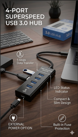 High-Speed 4-Port USB 3.0 Hub | SuperSpeed 5Gbps Multiport Adapter Splitter | 30cm Cable, LED Indicator & Built-in Fuse Protection | For Laptops, PC, Mac & Pen Drives