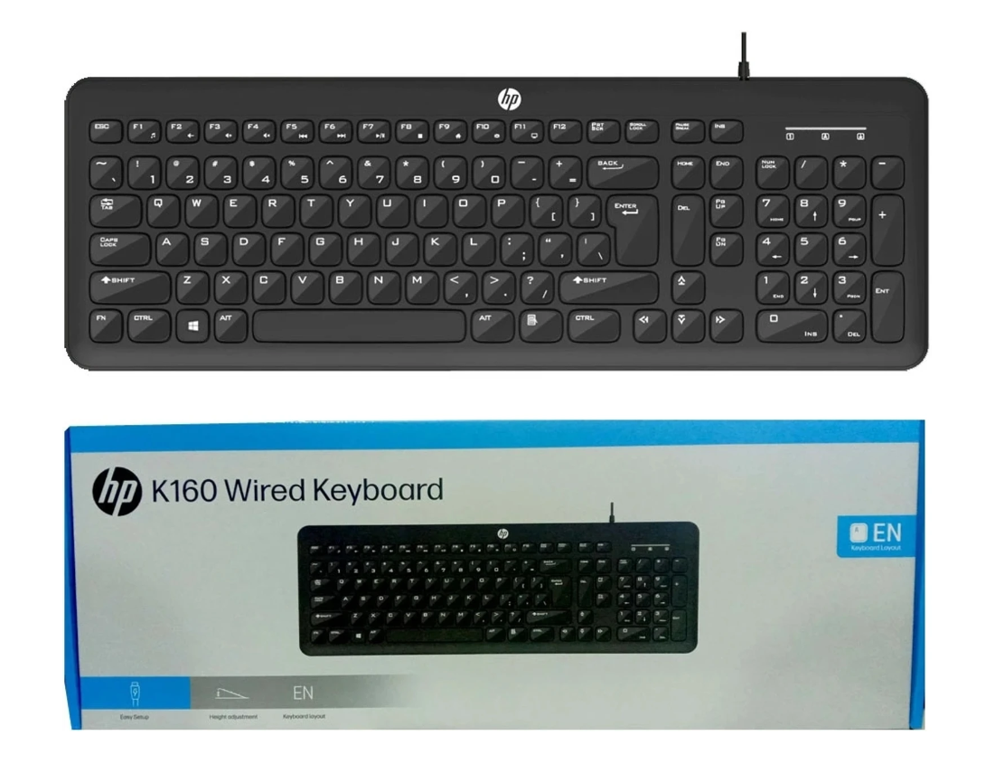 HP K160 Wired USB Keyboard – Full Size | Height Adjustable | Plug & Play