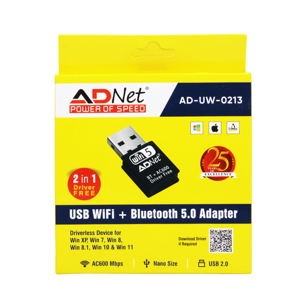 ADNet AD-UW-0213 USB WiFi + Bluetooth 5.0 Nano Adapter (Driver-Free). Connect Karein Lag-Free Dual Band WiFi aur apne Favourite BT Headphones.